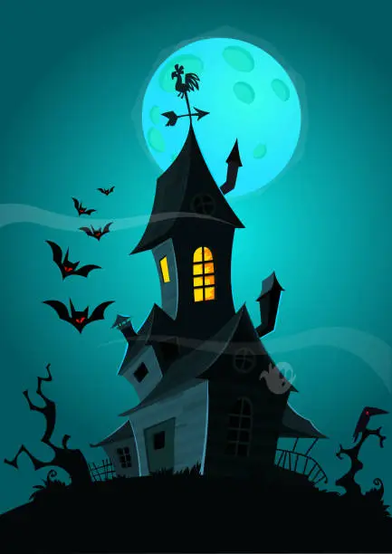 Vector illustration of Halloween background with haunted house, bats and full moon