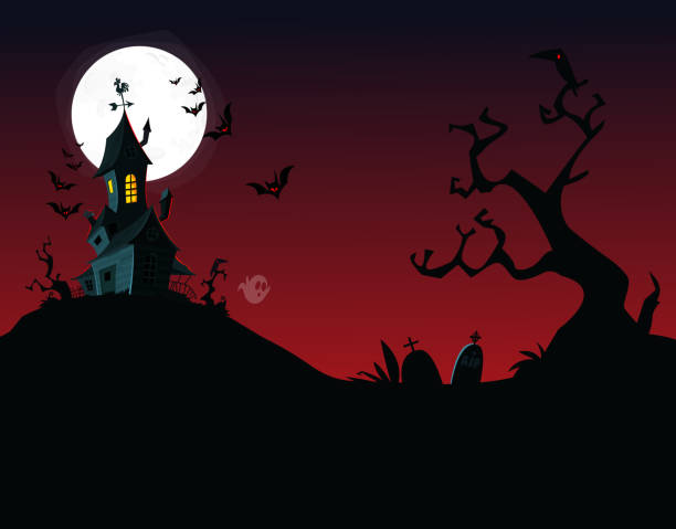 Halloween background with tombs, trees, bats, tombstones, gravey and hounted house Halloween background with tombs, trees, bats, tombstones, gravey and hounted house damaged fence stock illustrations