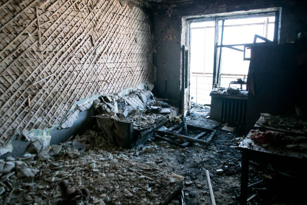 istock Burned interiors of industrial or residential building. Fire consequences concept. 1174367926