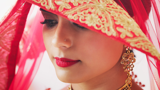 Cropped shot of a young woman covering her hair with a veil on her wedding day