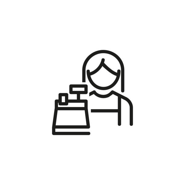 Female cashier line icon Female cashier line icon. Woman, worker, cash register, cashbox. Cashier concept. Vector illustration can be used for topics like payment, store, checkout assistant icon stock illustrations
