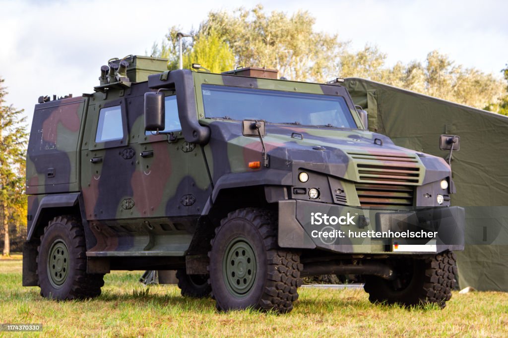 Wheeled armoured vehicle from german army stands on a field Bundeswehr Stock Photo