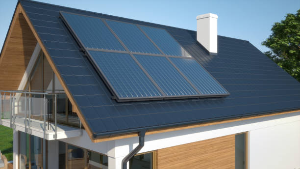 Solar collector panels on roof 3D illustration solar heater stock pictures, royalty-free photos & images