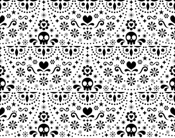 Mexican folk art vector seamless pattern with skulls, Halloween decor, flowers and abstract shapes, black and white textile design Repetitive monochrome calavera background inspired by traditional art form Mexico, floral ornament with cute skulls halloween patterns stock illustrations