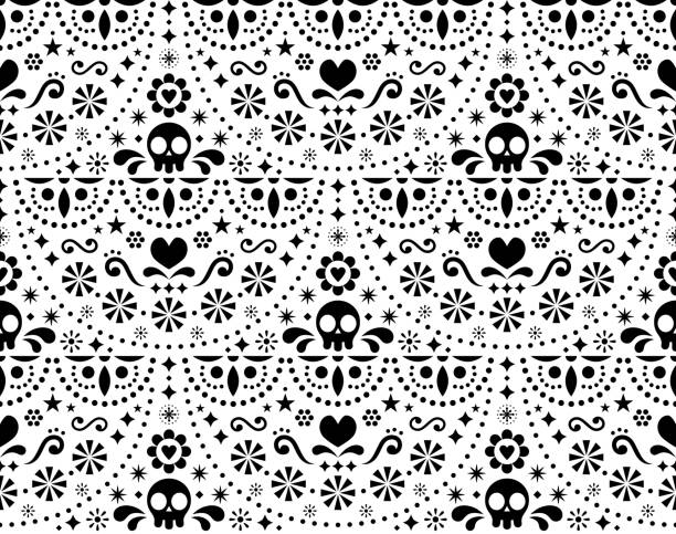 Mexican folk art vector seamless pattern with skulls, Halloween decor, flowers and abstract shapes, black and white textile design Repetitive monochrome calavera background inspired by traditional art form Mexico, floral ornament with cute skulls skull patterns stock illustrations