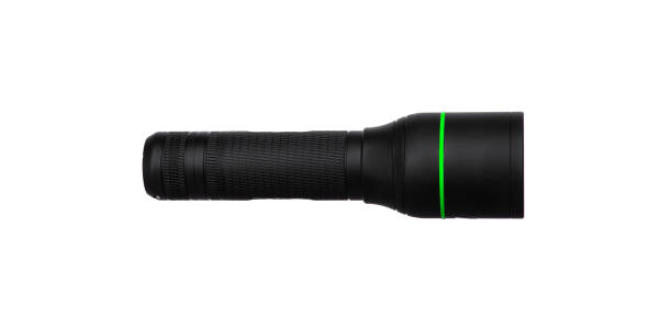 moderna torcia in metallo nero isolata su sfondo bianco - tactical flashlight foto e immagini stock