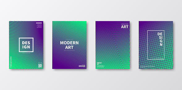 Set of four vertical brochure templates with abstract and geometric backgrounds. Modern and trendy background with color gradients (colors used: Green, Blue, Purple). Can be used for different designs, such as brochure, cover design, magazine, business annual report, flyer, leaflet, presentations... Template for your design, with space for your text. The layers are named to facilitate your customization. Vector Illustration (EPS10, well layered and grouped). Easy to edit, manipulate, resize or colorize.