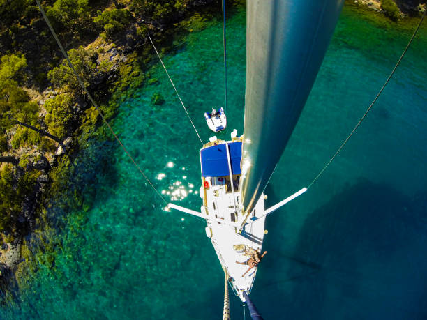 istock Sailing boat in a turquoise bay with top view 1174373890