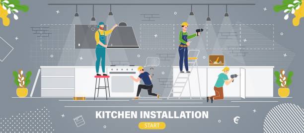 Kitchen Installation Company Flat Vector Webpage Kitchen Furniture or Appliances Installation Service or Company Trendy Flat Vector Web Banner, Landing Page Template. Professional Workers Team Installing Stove, Kitchen Hood and Cabinets Illustration appliance repair stock illustrations