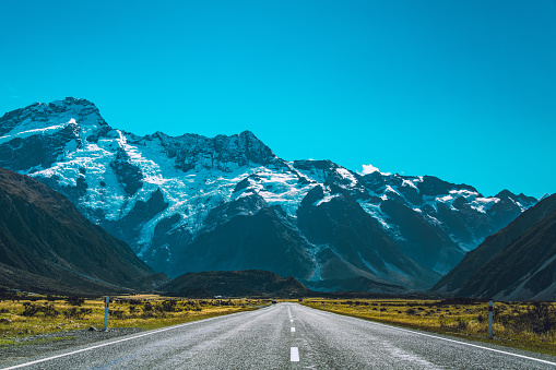 The road to Mt Cook National Park, south island of New Zealand.