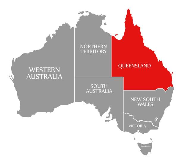 illustrations, cliparts, dessins animés et icônes de queensland rouge mis en évidence dans la carte de l'australie - queensland