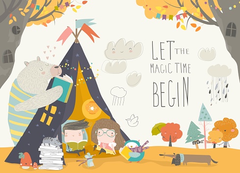 Kids reading book with animals in a teepee tent . Vector Illustration