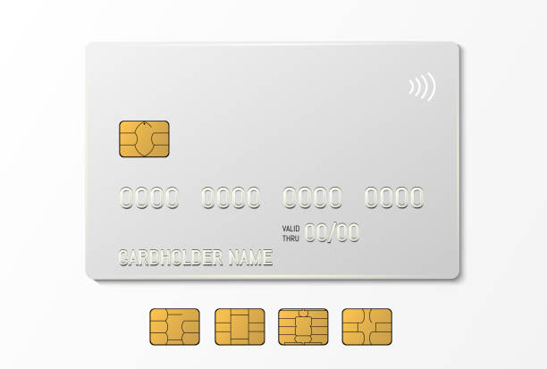 biała plastikowa karta kredytowa z chipem emv. płatność zbliżeniowa - microelectronic stock illustrations