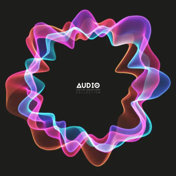 Vector illustration of Vector 3d echo audio circular wavefrom spectrum. Abstract music waves oscillation graph. Futuristic sound wave visualization. Colorful glowing impulse pattern. Synthetic music technology sample.