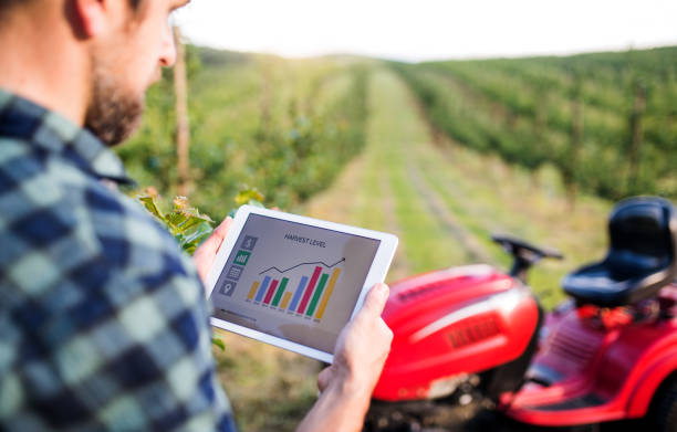 istock A mature farmer with tablet standing by mini tractor outdoors in orchard. 1174391359