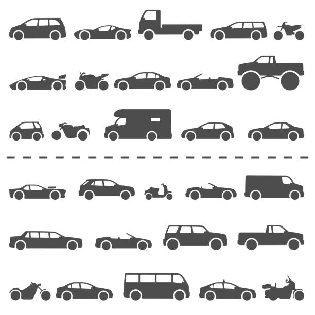 Car and Motorcycle type icons set. Title models moto and automobile Car and Motorcycle type icons set. Vector black illustration isolated on white background . Variants of model automobile and moto body silhouette for web with title. ford truck black stock illustrations