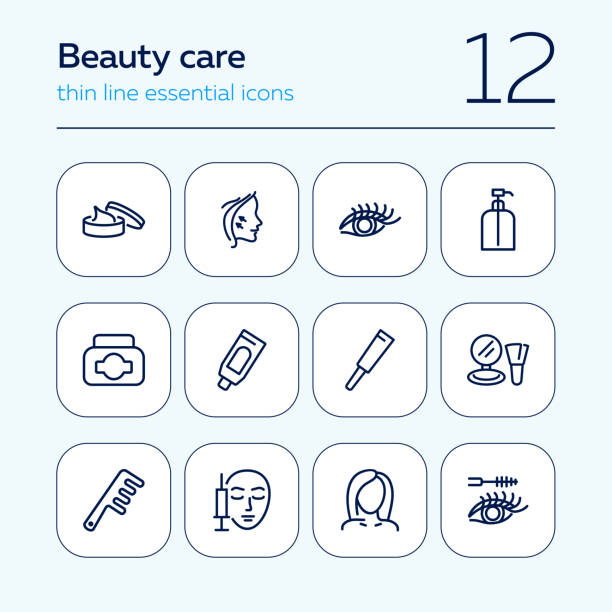 Beauty care line icon set Beauty care line icon set. Cream, eyelashes, mascara, botox. Beautician concept. Can be used for topics like beauty salon, cosmetic products, face lifting botox bottle stock illustrations