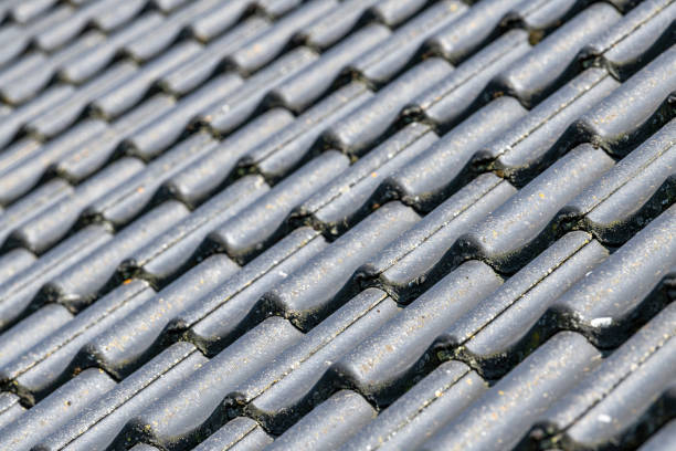 istock Pitched roof with black concrete tiles 1174407790