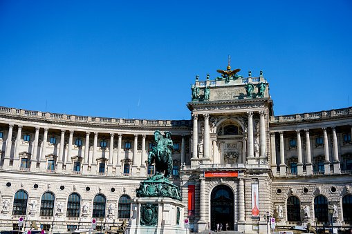 Statue of Prince Eugene in front of Hofburg Palace, Vienna. Concept of landmarks of Habrsburg dynasty in Wien, sculpture and place to visit for tourists.