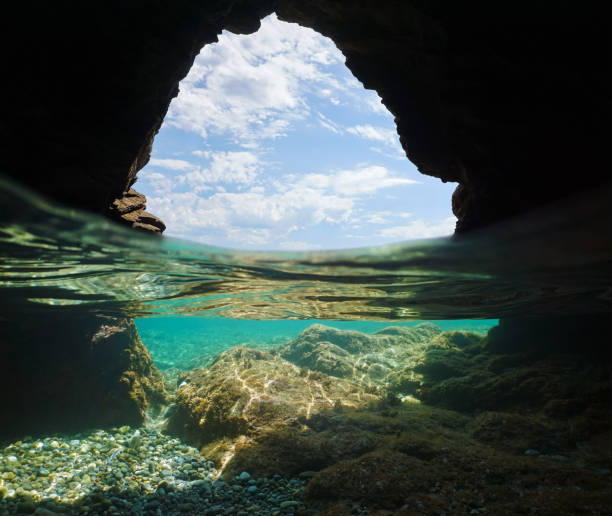 istock Cave on sea shore sky with clouds over under water 1174408423