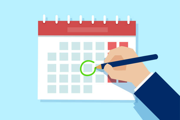 ilustrações de stock, clip art, desenhos animados e ícones de vector of a business man hand with pen marking important day on calendar. - calendar