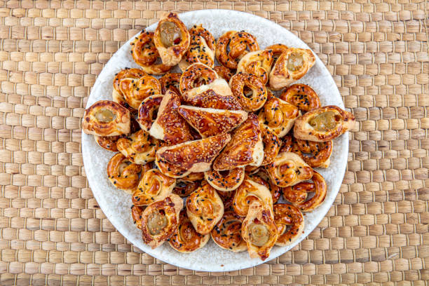 Mixed salted pastry, patisserie, bakery products. Delicious freshly baked pastry.