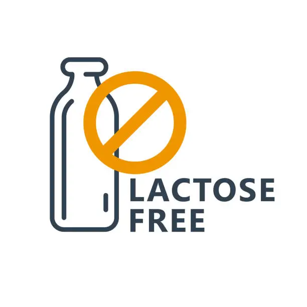 Vector illustration of Lactose free icon - milk bottle icon with ban sign, dairy package stamp