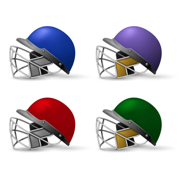 Cricket helmets set with protective grill, cricket headpiece side view Cricket helmets set with protective grill, cricket headpiece side view head protector stock illustrations
