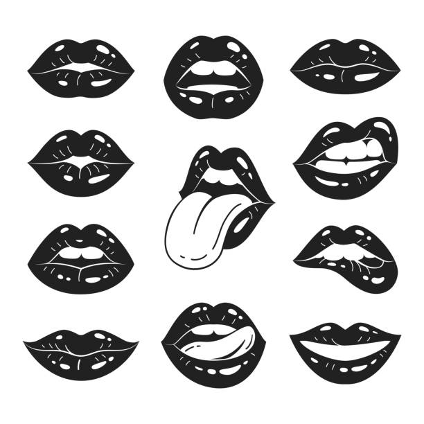 Lips collection. Vector illustration of sexy women's black and white lips, expressing different emotions, such as smile, kiss, half-open mouth, biting lip, lip licking, tongue out. Isolated on white. mouths kissing stock illustrations