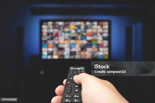 Multimedia Video Concept On Tv Set In Dark Room Stock Photo - Download Image Now - Television Set, Television Industry, Movie