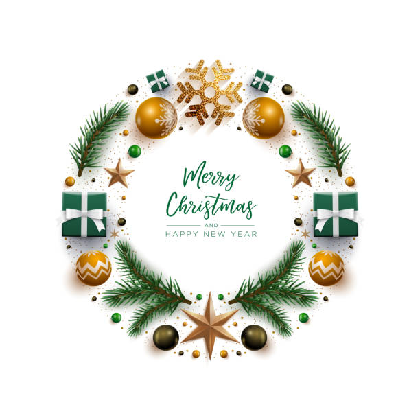 illustrazioni stock, clip art, cartoni animati e icone di tendenza di design della corona di natale con ornamenti e oggetti decorativi natalizi festosi - mistletoe christmas vector party