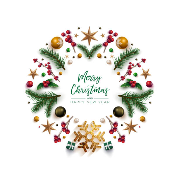 ilustrações de stock, clip art, desenhos animados e ícones de christmas wreath design with festive christmas decoration ornaments and objects - mistletoe christmas christmas decoration christmas ornament