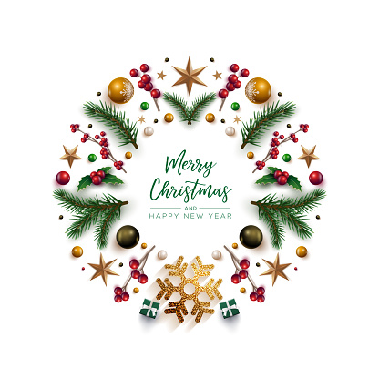 Merry Christnas and happy new year greeting card. Christmas wreath design with festive Christmas decoration ornaments and objects. Vector illustration.Merry Christmas and happy new year greeting card. Christmas wreath design with festive Christmas decoration ornaments and objects. Vector illustration.