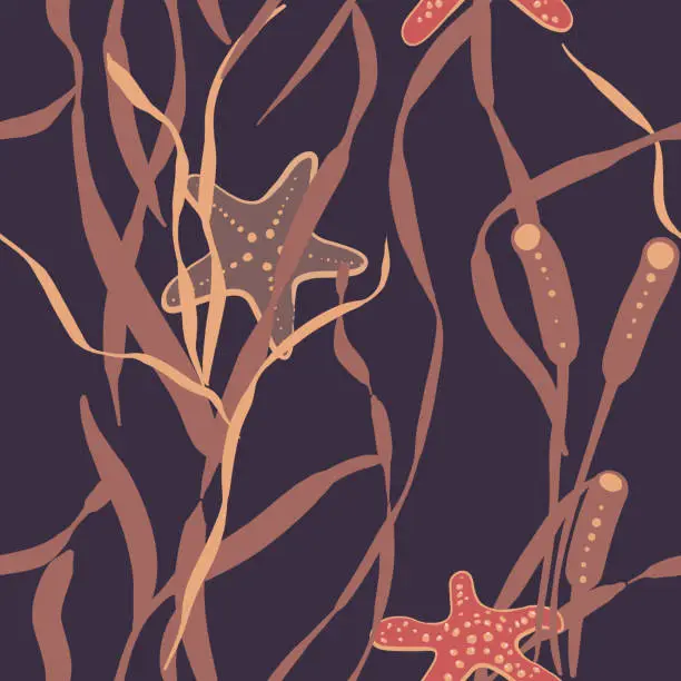 Vector illustration of Colorful vector seamless pattern with underwater inhabitants: starfishes, corals in sea or ocean. Good for childrens wrapping, textile, fabric, background.