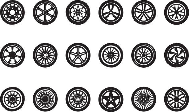 auto-rad-sammlung. automobil reifen silhouetten rennfahrzeug räder vektor bilder - wheel stock-grafiken, -clipart, -cartoons und -symbole