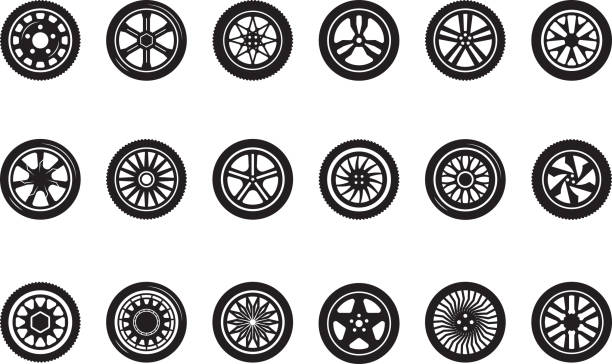 kolekcja kół samochodowych. sylwetki opon samochodowych koła wyścigowe zdjęcia wektorowe - wheel stock illustrations