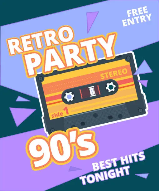 Vector illustration of Retro party poster. 90s label with stereo audio cassette music background vector placard