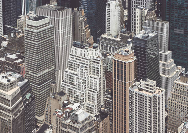 istock Retro stylized aerial view of Manhattan architecture, NYC. 1174421853
