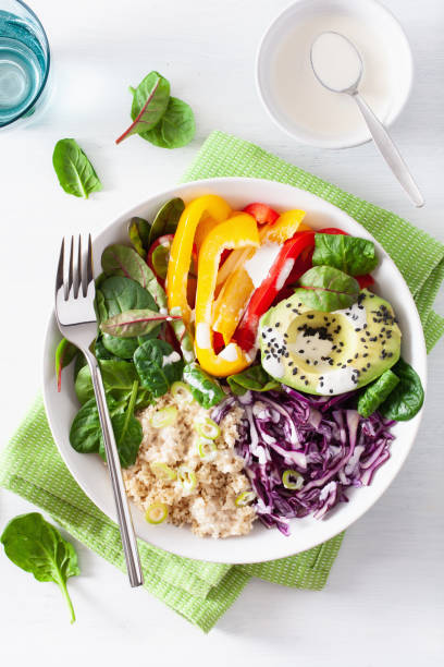 istock veggie couscous lunch bowl with avocado, bell peppers, spinach and red cabbage 1174422612