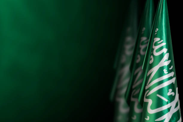 bandiere dell'arabia saudita su sfondo verde scuro, usalo per la festa nazionale e le occasioni nazionali del paese - national holiday foto e immagini stock