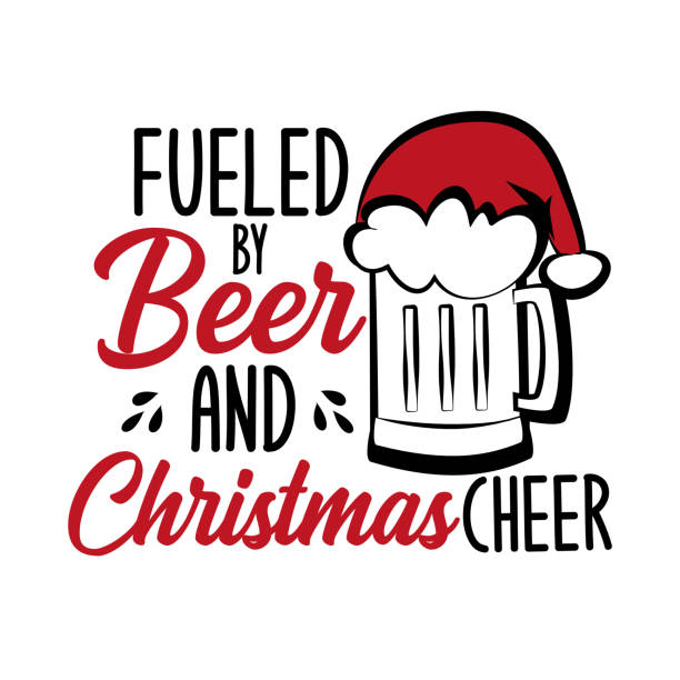 ilustraciones, imágenes clip art, dibujos animados e iconos de stock de alimentado por la cerveza y la alegría de navidad - texto divertido, con la gorra de santa en la taza de cerveza. - merry xmas
