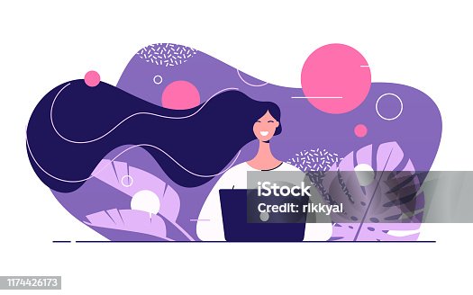 istock Vector flat style illustration of a young beautiful woman with laptop surrounded by tropical leaves 1174426173