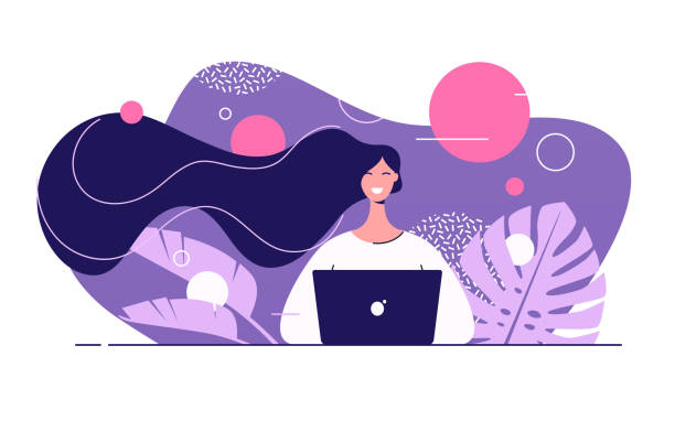Vector flat style illustration of a young beautiful woman with laptop surrounded by tropical leaves Vector flat style illustration of a young beautiful woman with laptop surrounded by tropical leaves. working backgrounds stock illustrations