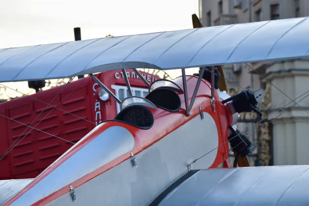 Moscow, Russia - Sept 7, 2019: Art installation vintage biplane on Tverskaya street in honor 872 anniversary of the founding of Moscow.