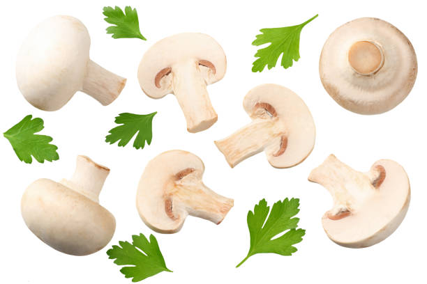 istock mushrooms with slices and parsley leaf isolated on white background. top view 1174426929