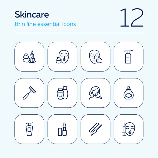 Skin care line icon set Skin care line icon set. Injection, lipstick, manicure. Beautician concept. Can be used for topics like beauty salon, makeup, cosmetology botox bottle stock illustrations