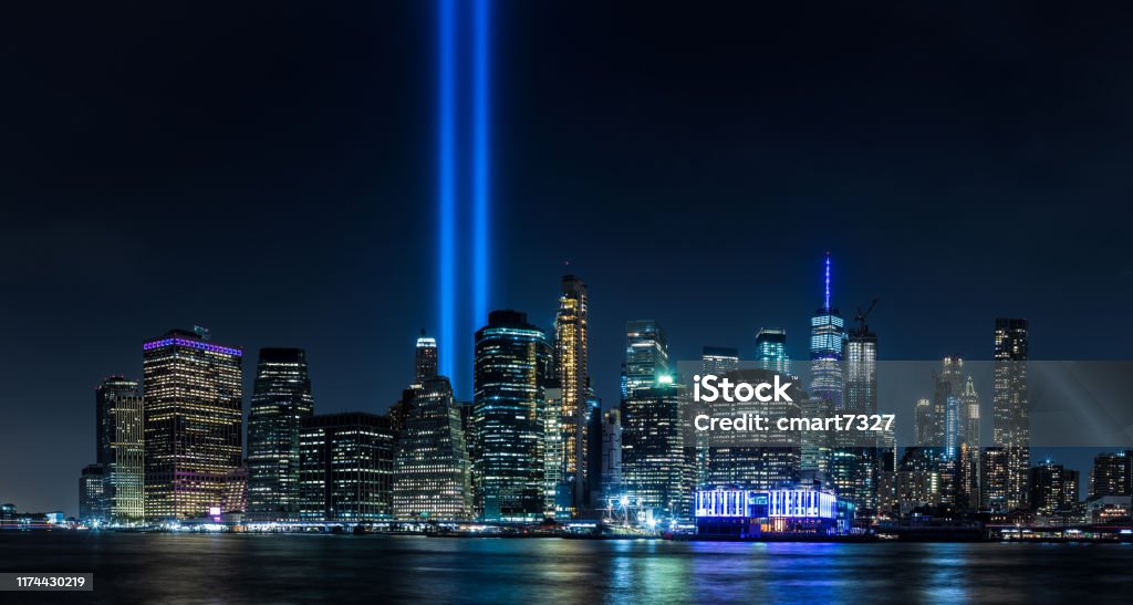 9/11 Tribute in Light A tribute in Light beacons in New York City. 9/11/2019 911 Remembrance Stock Photo