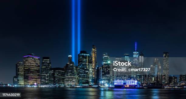 911 Tribute In Light Stock Photo - Download Image Now - 911 Remembrance, Memorial, Lighting Equipment