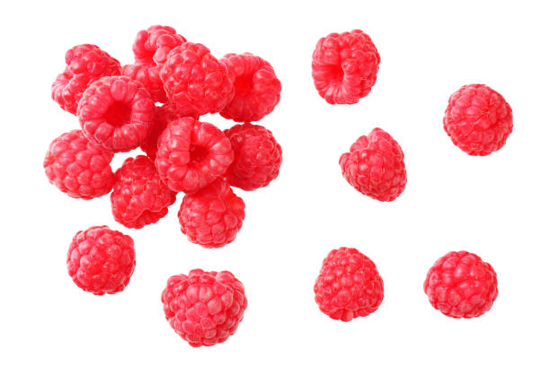 istock ripe raspberries isolated on white background. top view 1174430444