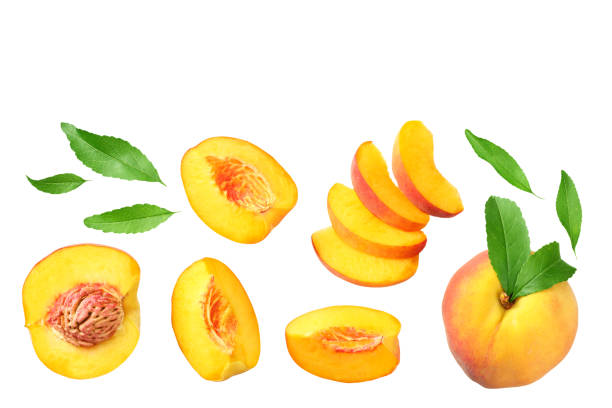 istock peach fruit with green leaf and slices isolated on white background. top view 1174433350